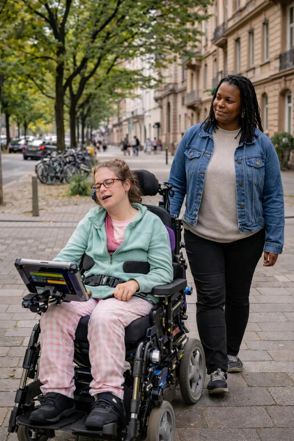 Eine junge Frau fährt im Elektrorollstuhl über den Gehweg einer Stadtstraße, ihre Assistenzkraft geht neben ihr.