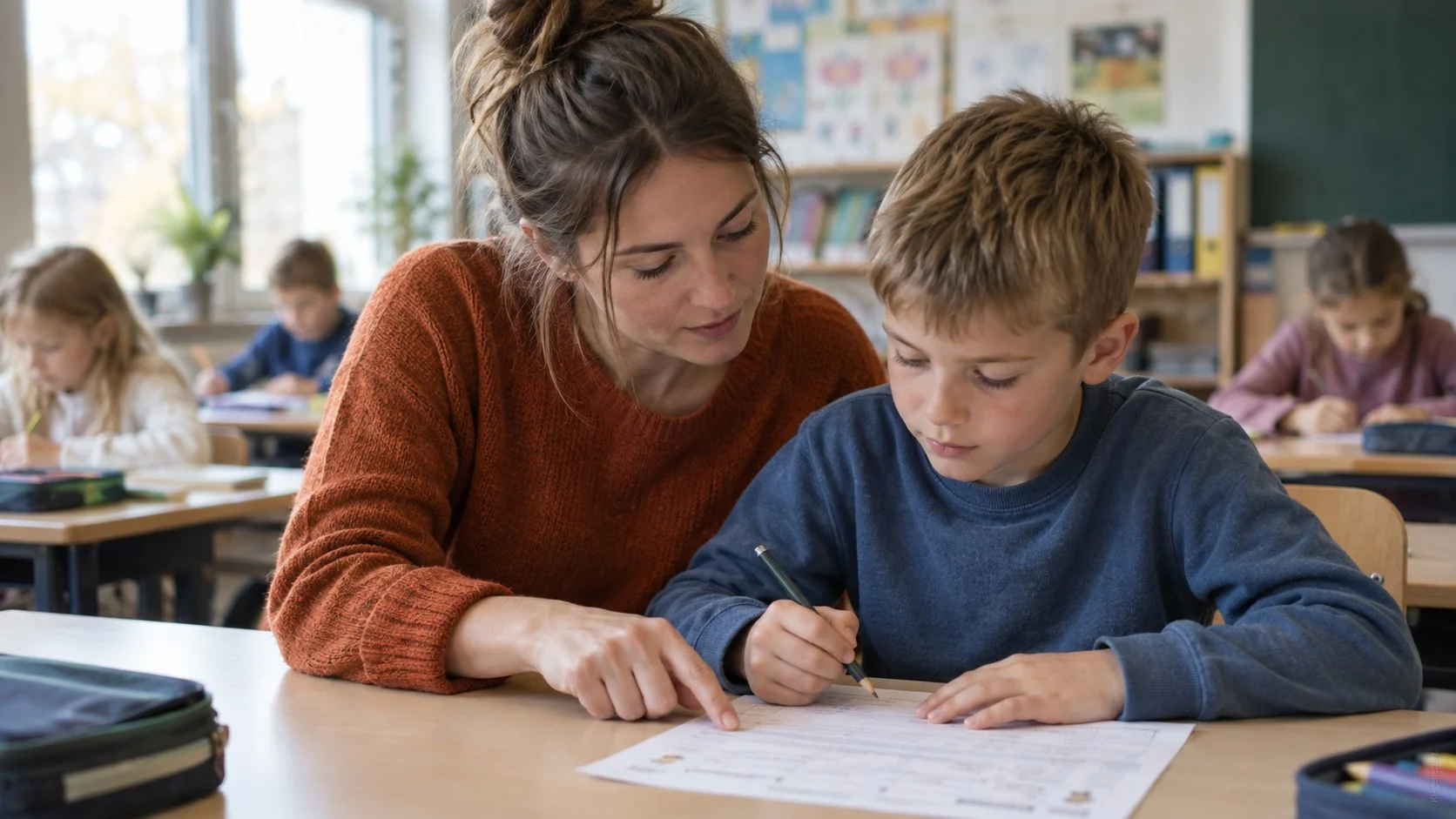 Eine Schulbegleiterin sitzt neben einem Jungen und schaut in sein Heft.
