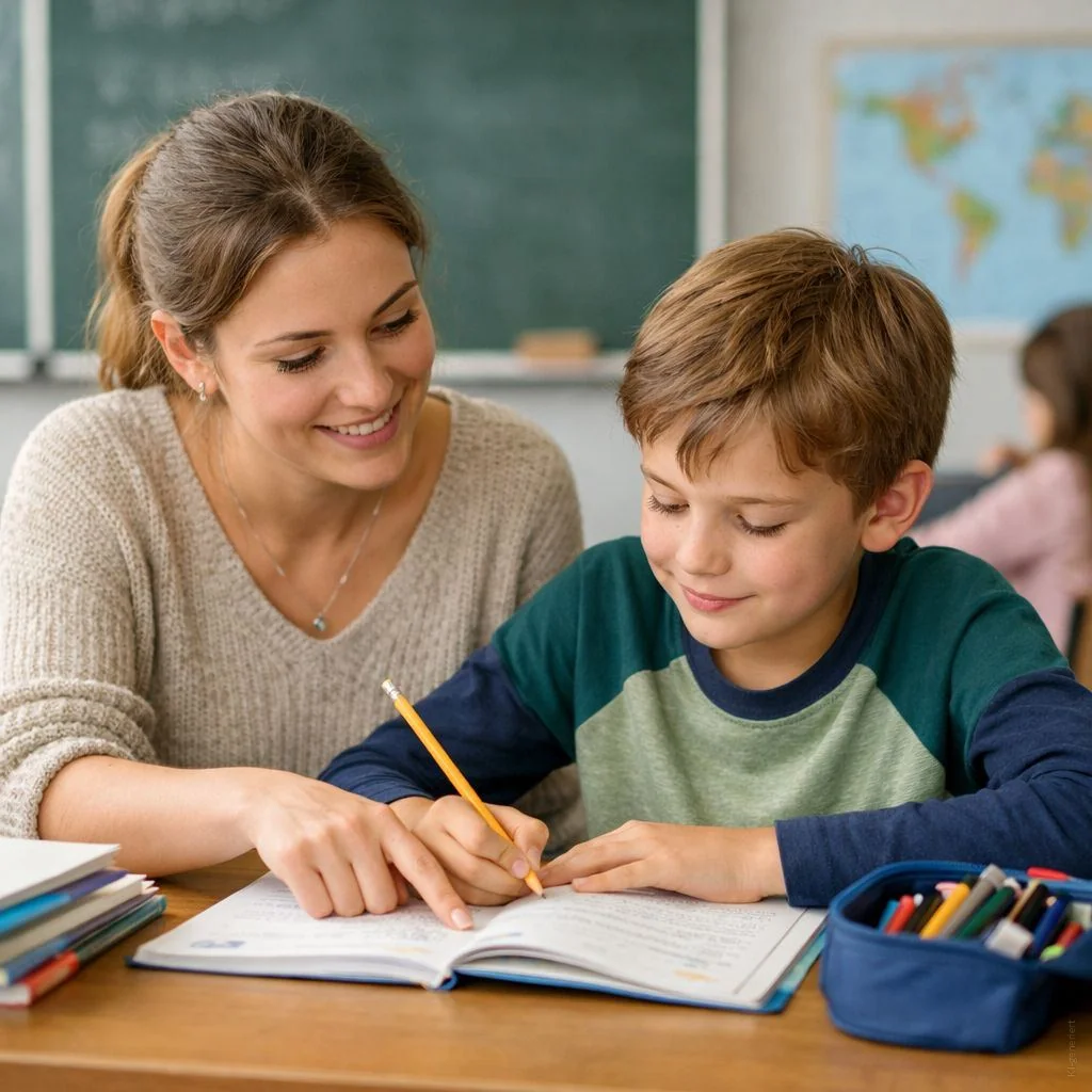 Eine Schulbegleiterin sitzt mit einem Jungen am Tisch und hilft ihm bei einer Aufgabe.