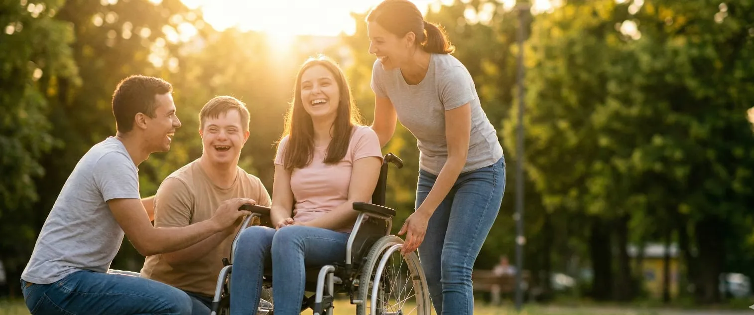 Vier junge Menschen lachen zusammen im Park in der Abendsonne, eine junge Frau sitzt im Rollstuhl.